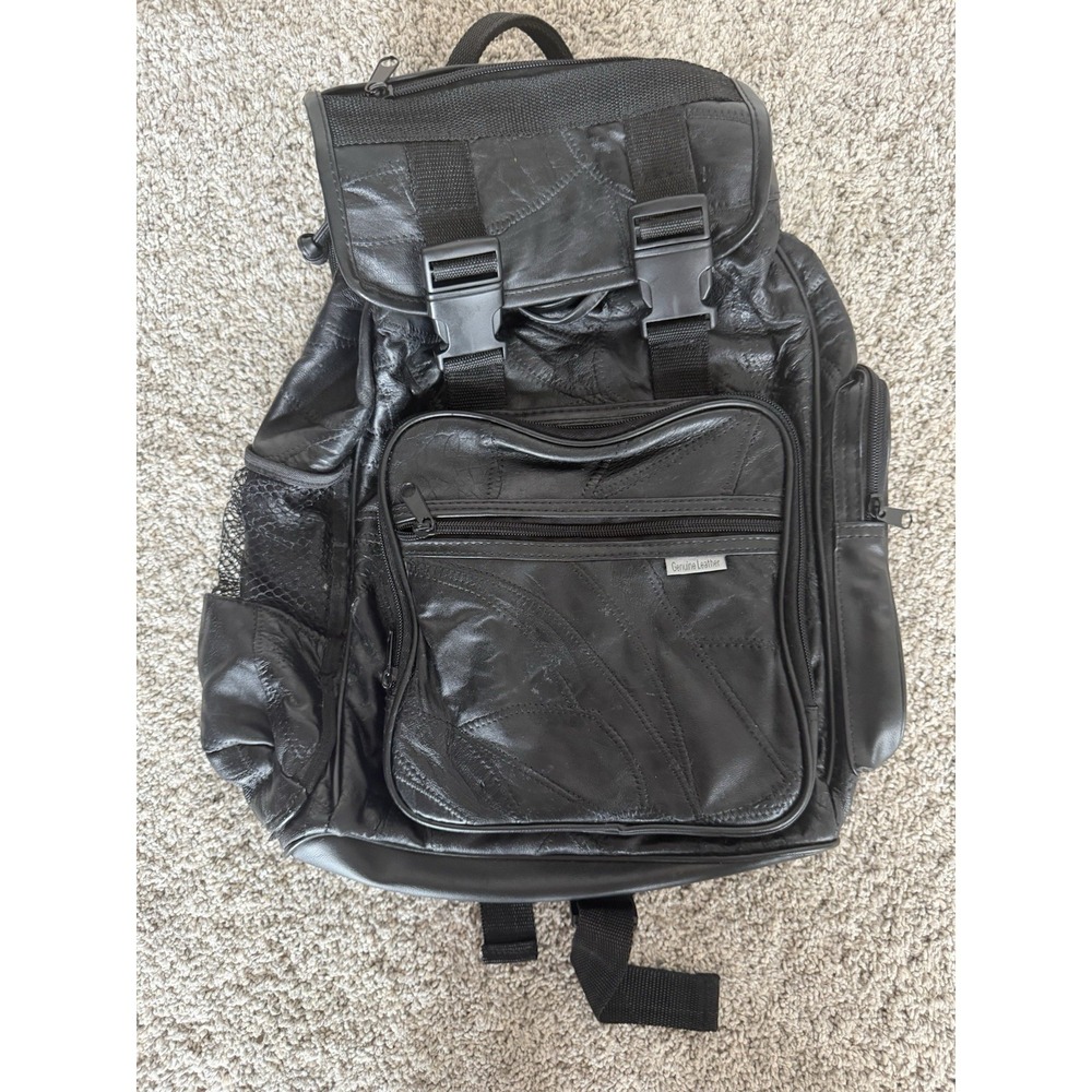 Vintage Black Leather Embossed Backpack Purse with Drawstring Top Clip Closure